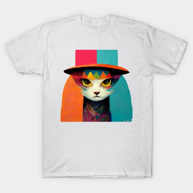 cat wearing a hat with spectacular colors T-Shirt by AmazinfArt